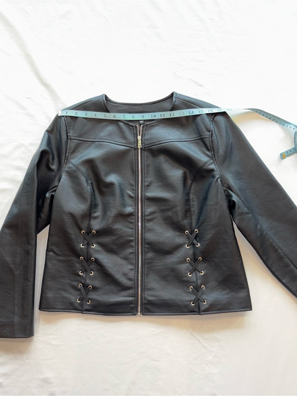 Black Vegan Leather Jacket, Gold Tone Hardware & Lace/Grommet Detail, Large/12